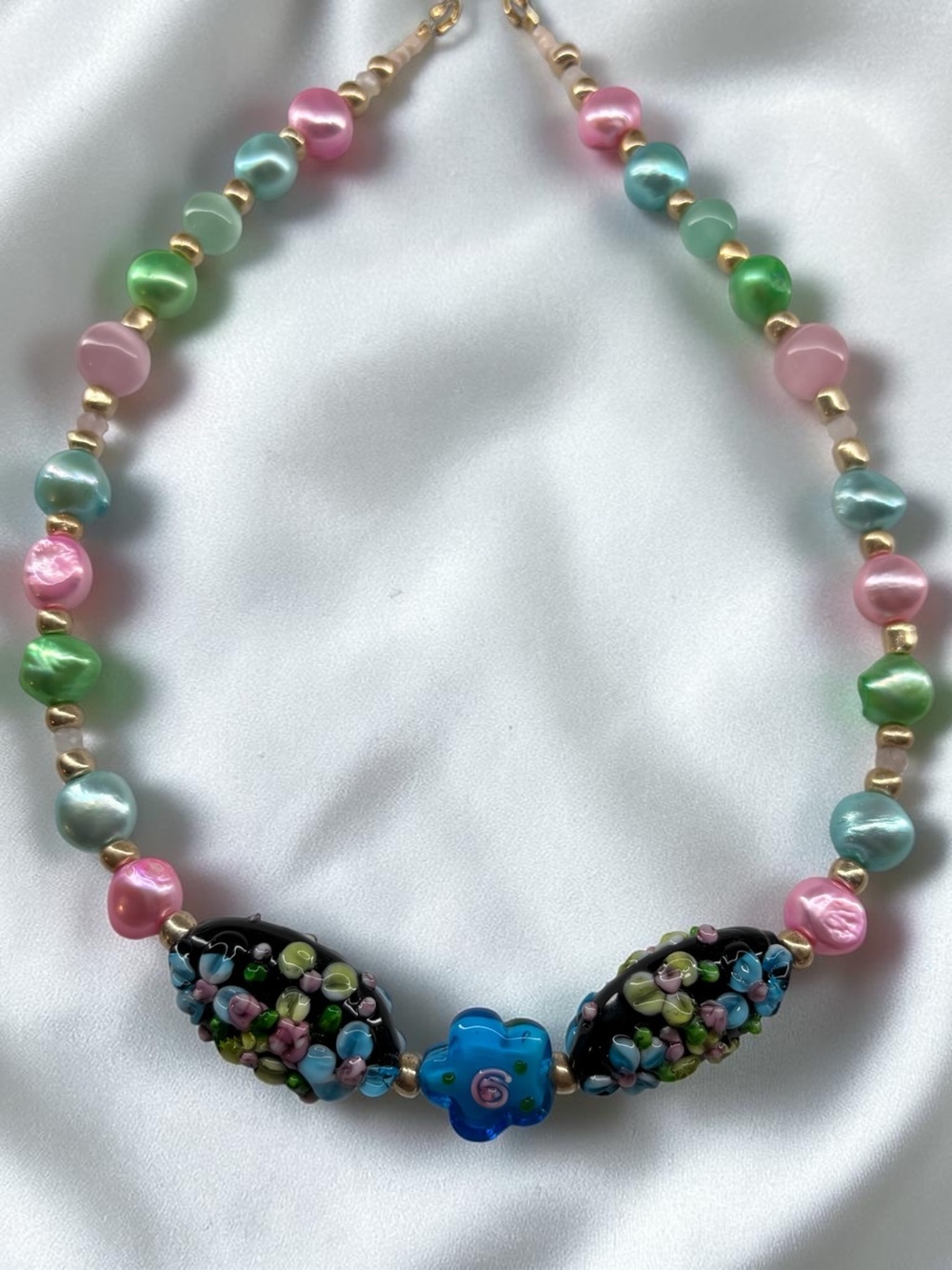 “Pastel Garden Bloom”-Pearls,Lampwork Glass,Cat’s Eye,Rose Quartz Necklace